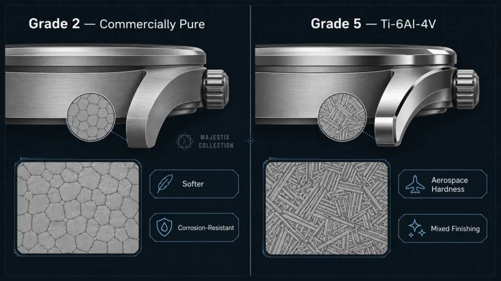 Grade 2 vs Grade 5 titanium watch case comparison — hardness, alloy composition, and finishing properties