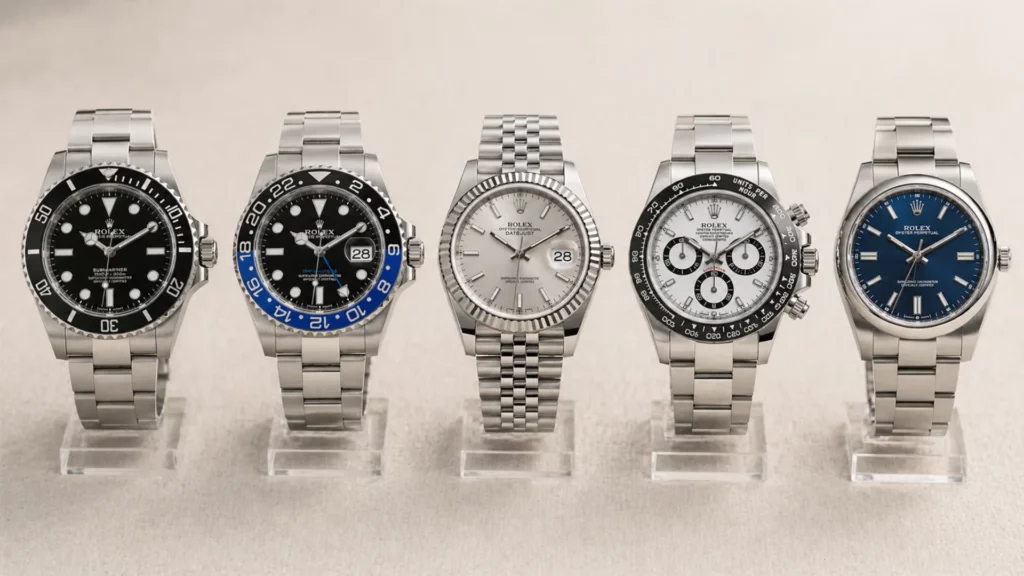 Five Rolex models on display stands: Submariner, GMT-Master II Batman, Datejust, Daytona panda, and Oyster Perpetual blue