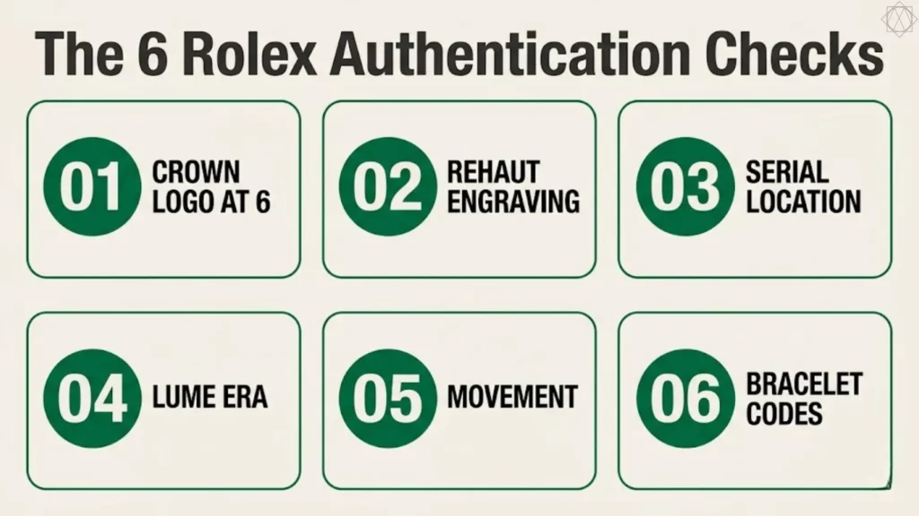 Six Rolex authentication checks chart: crown logo, rehaut engraving, serial location, lume era, movement, and bracelet codes