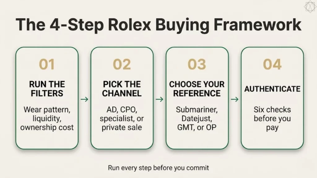 Four-step Rolex buying framework: run the filters, pick the channel, choose your reference, and authenticate