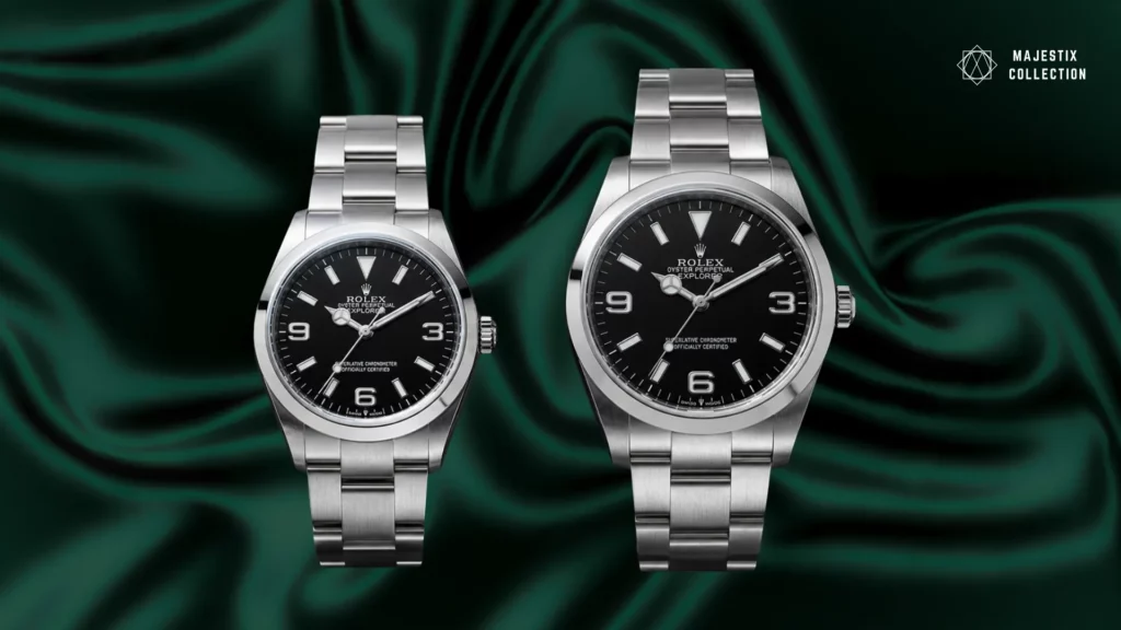 Two Rolex Explorer watches displayed on dark green satin background