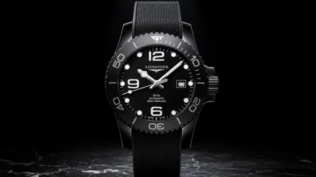 Longines HydroConquest black ceramic watch on rubber strap against dark background