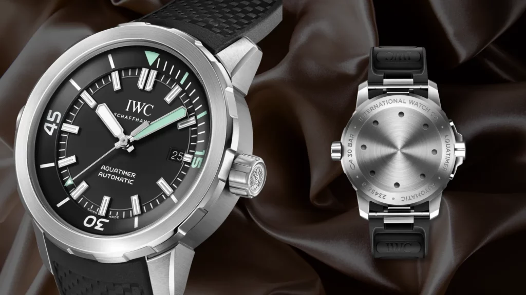 IWC Aquatimer dive watch with black rubber strap shown beside its 300m caseback view