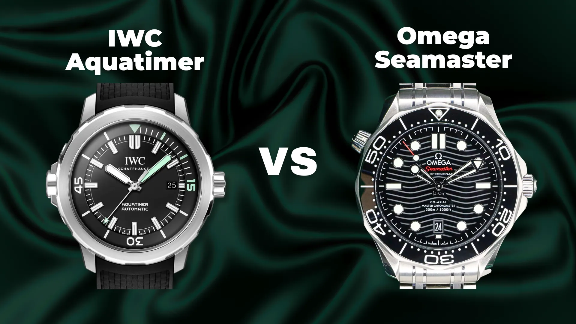 IWC Aquatimer and Omega Seamaster dive watches shown side by side on a dark green background