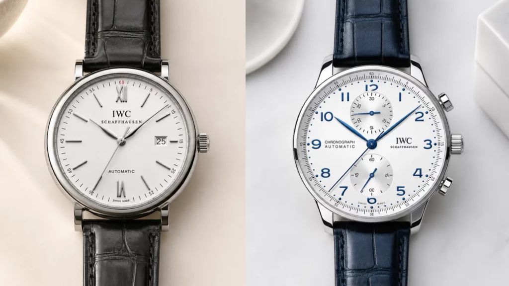 IWC Portofino and Portugieser watches side by side on leather straps