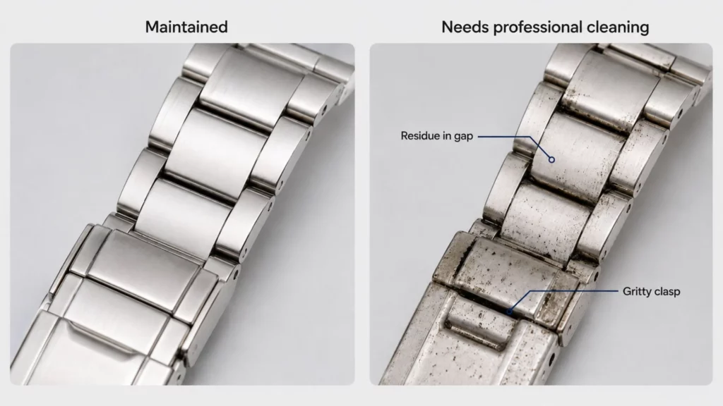  Side-by-side comparison of clean watch bracelet versus bracelet with dark buildup and stretched links needing watchmaker
