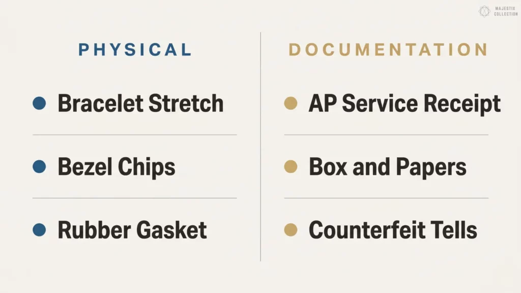 Royal Oak Offshore inspection checklist covering bracelet stretch, bezel chips, gasket, service receipt, box and papers, and counterfeit tells