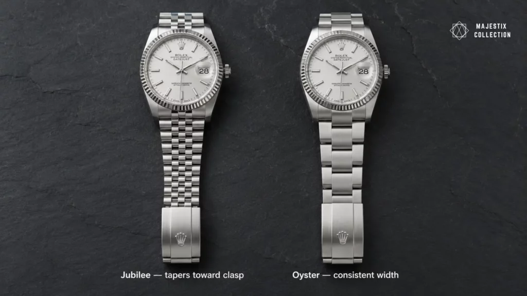 Rolex Datejust 36 Jubilee vs Oyster bracelet comparison showing taper difference on small wrist