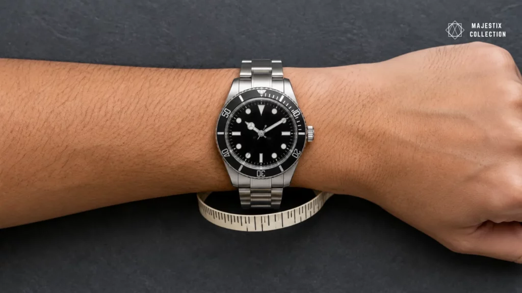 Watch fit check showing a black dial sports watch on wrist with measuring tape