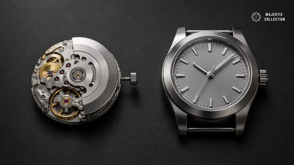 Mechanical watch movement beside a brushed steel case on dark textured surface