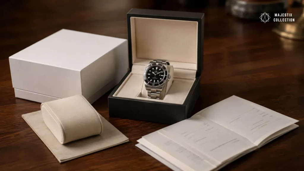 Luxury watch full set with box, cushion, papers, and black dial sports watch
