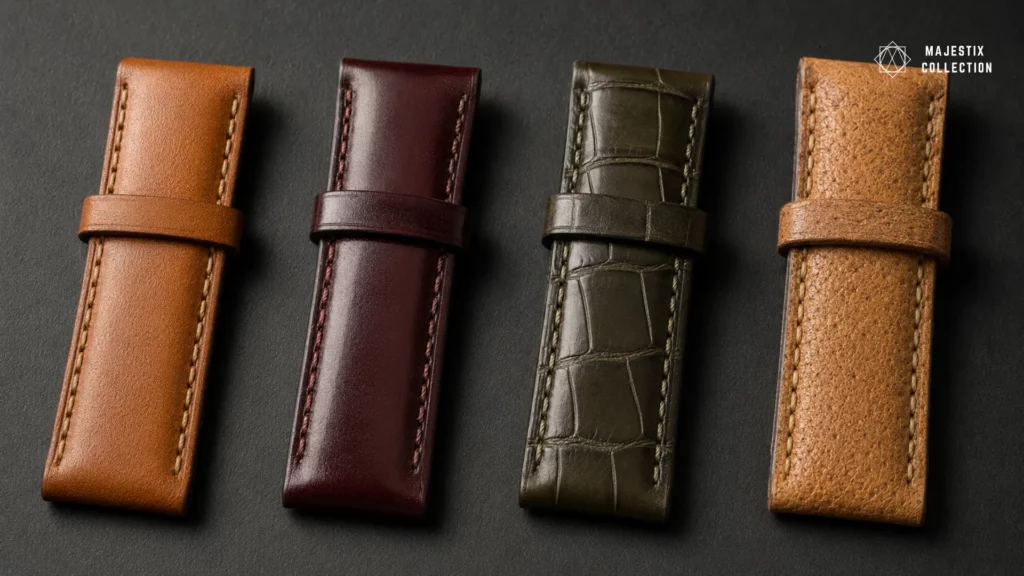 close-up comparison of calfskin, shell cordovan, alligator, and vegetable-tanned leather watch strap textures