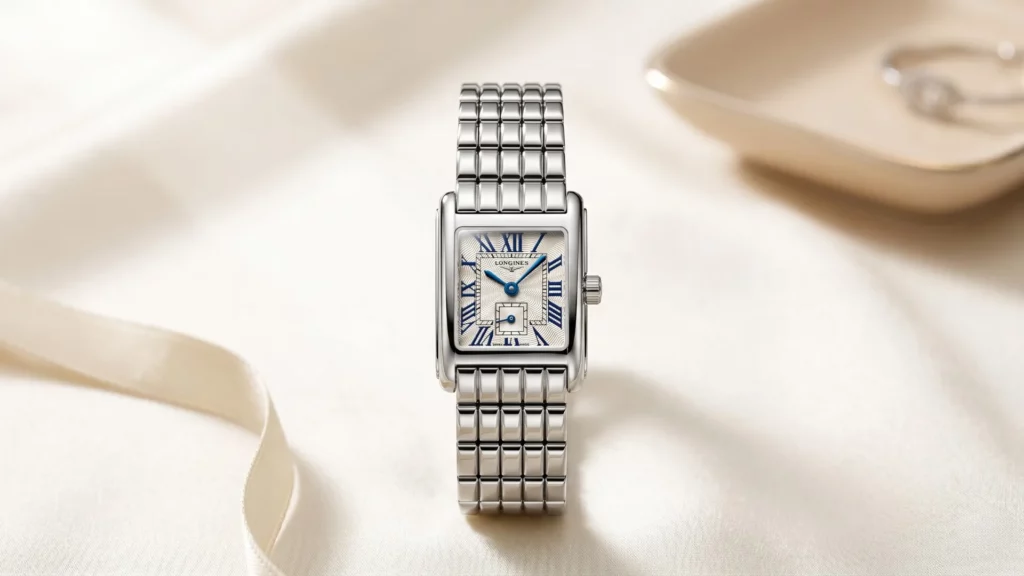 Small Longines DolceVita rectangular watch on steel bracelet with soft accessories