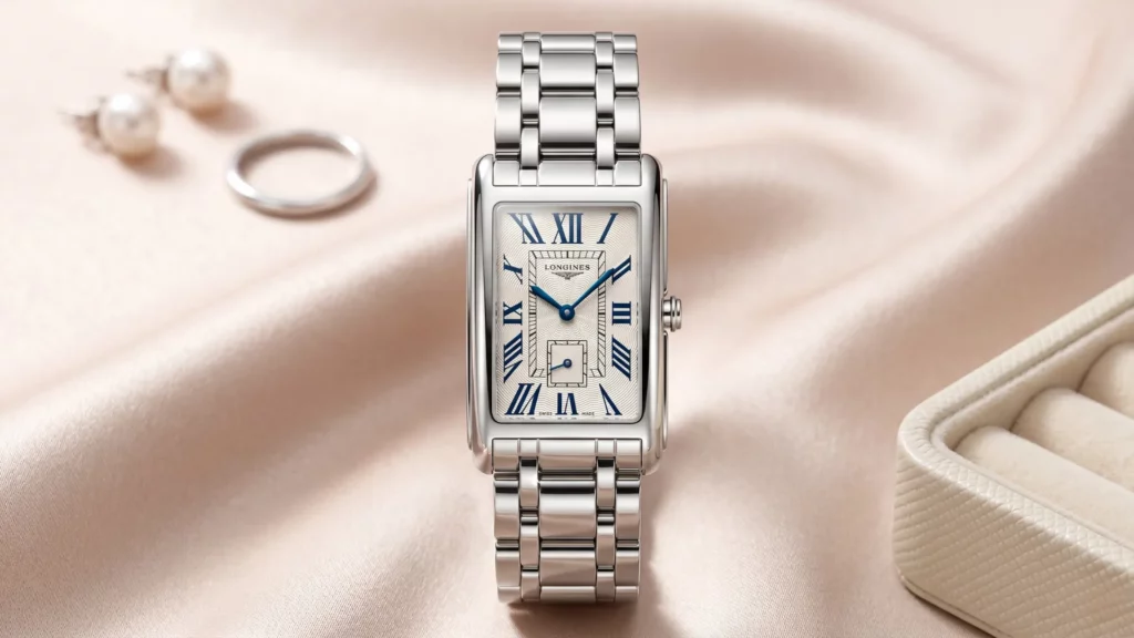 Longines DolceVita rectangular watch on steel bracelet with jewelry on pink satin