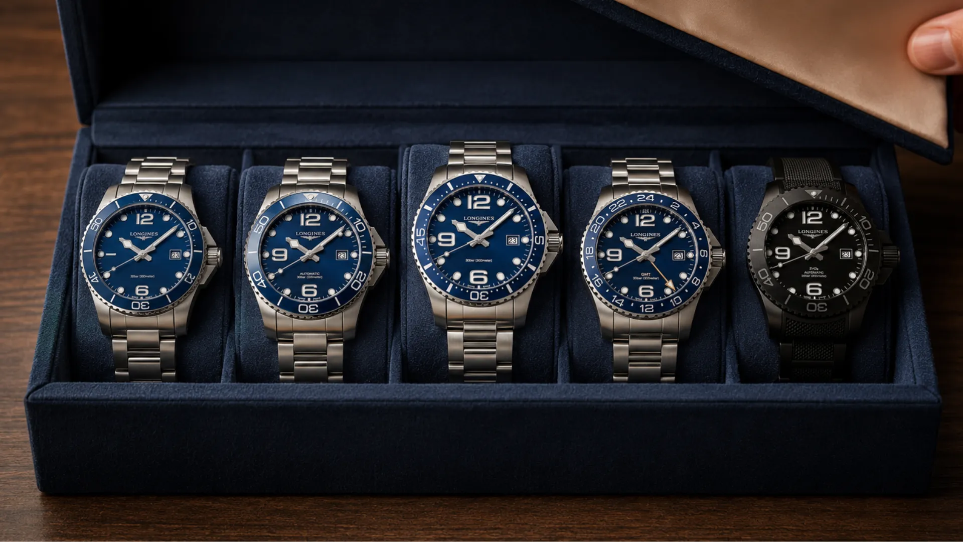Five Longines HydroConquest watches displayed in a blue watch box