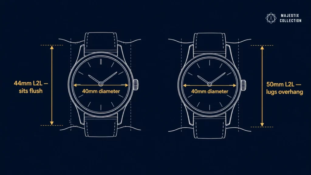 Diagram showing lug-to-lug distance vs case diameter on two watches — why L2L determines wrist fit