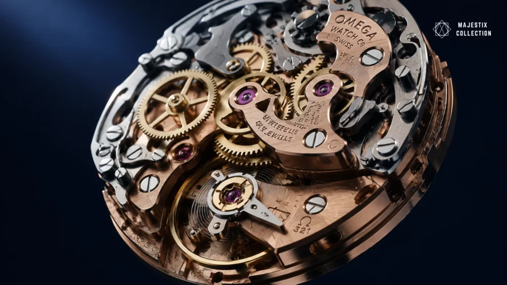 Close-up of a manual-wind Omega movement with visible gears and bridges