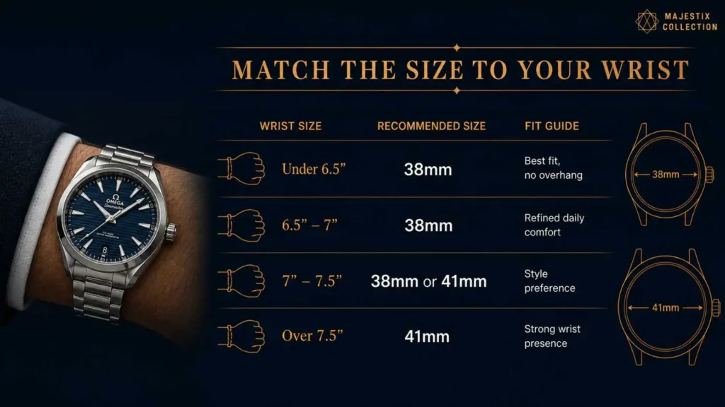 Omega Aqua Terra wrist size guide infographic comparing 38mm and 41mm fit options