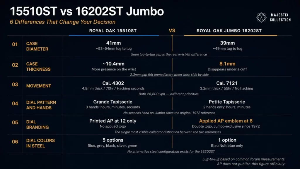 Six key differences between AP Royal Oak 15510ST and Royal Oak Jumbo 16202ST specs comparison chart