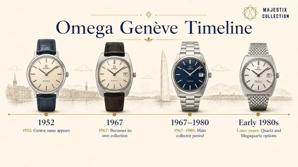 Timeline showing Omega Genève evolution from 1952 to 1980s.