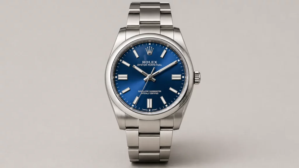 Rolex Oyster Perpetual 41 with bright blue dial and smooth bezel on Oyster bracelet against grey background