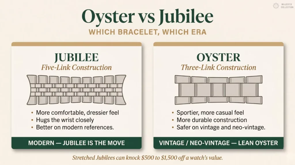Oyster vs Jubilee bracelet comparison chart showing five-link Jubilee construction vs three-link Oyster