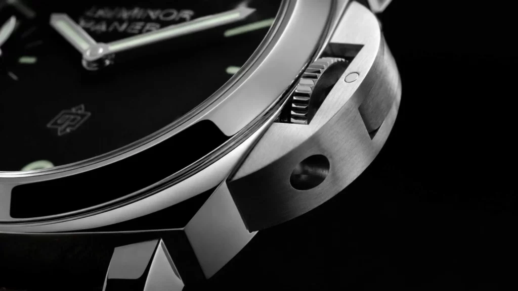 Panerai Luminor crown guard lever closeup — how it works