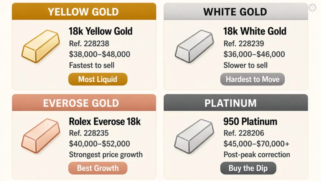 Rolex Day-Date metal comparison showing yellow gold, white gold, Everose gold, and platinum options