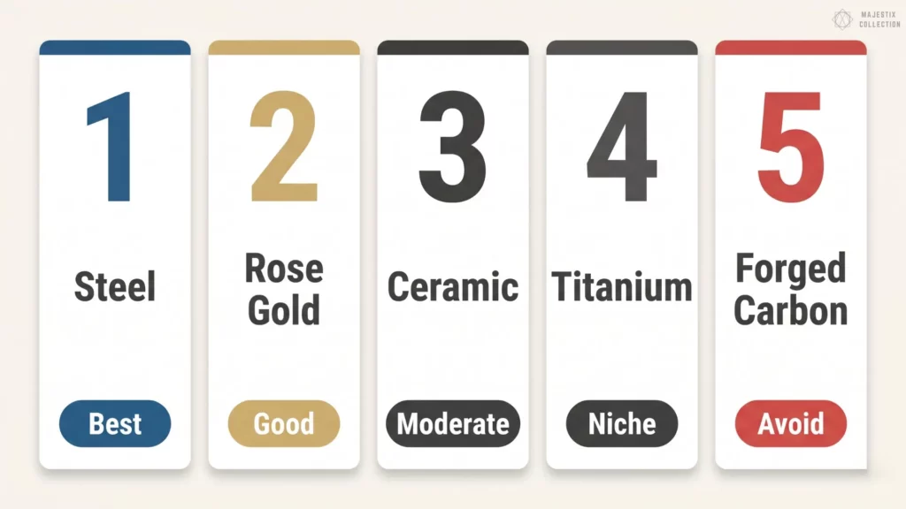 Royal Oak Offshore material ranking from steel and rose gold to ceramic, titanium, and forged carbon