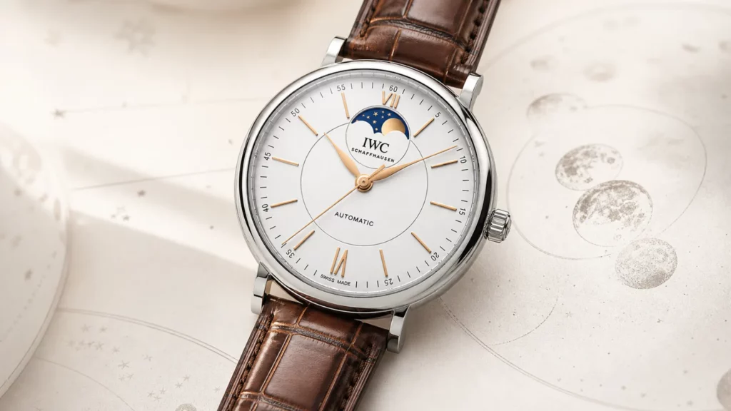 IWC Portofino moon phase automatic watch on brown leather strap