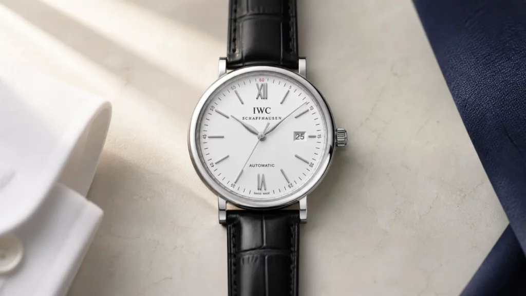 IWC Portofino automatic white dial watch on black leather strap