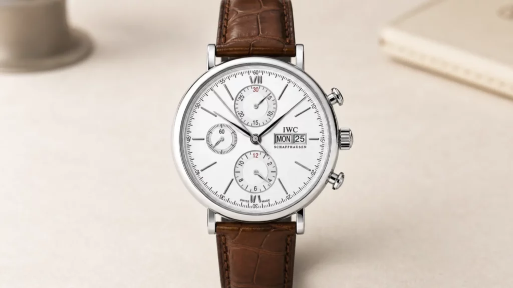 IWC Portofino chronograph white dial watch on brown leather strap