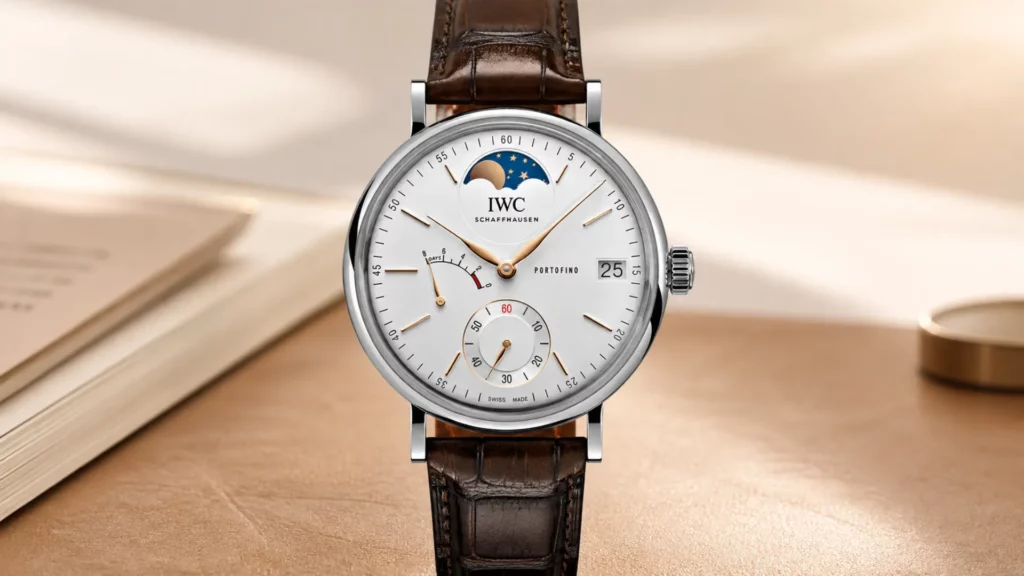 IWC Portofino hand-wound moon phase watch on brown leather strap