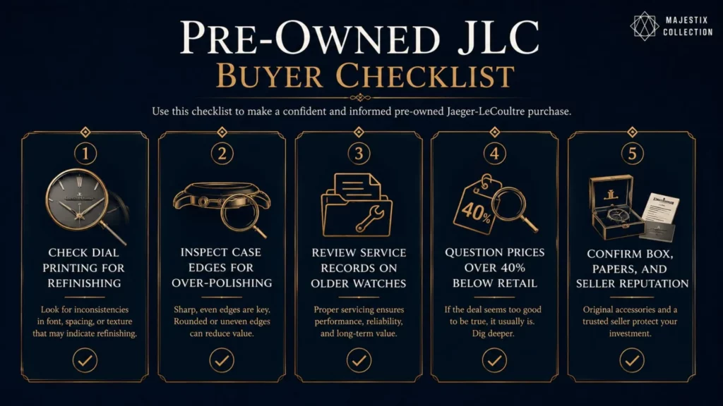 Checklist infographic for spotting pre-owned Jaeger-LeCoultre risks