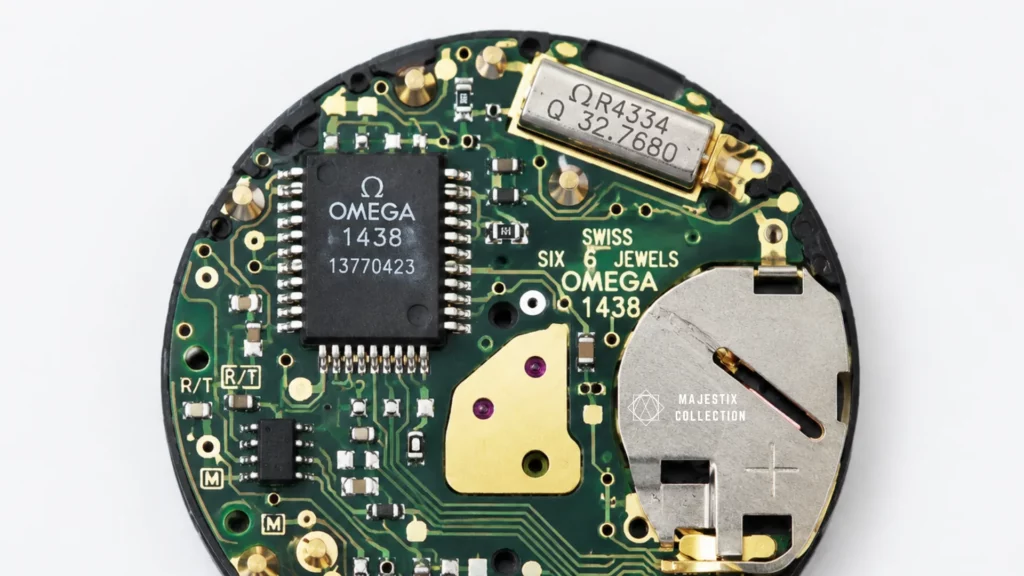 Omega quartz movement with green circuit board and battery compartment