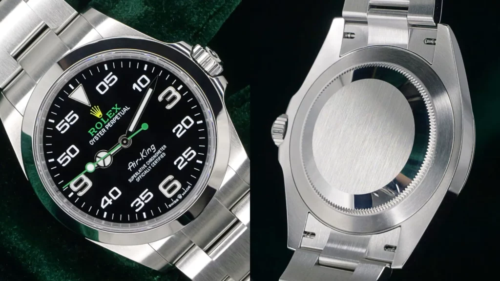 Rolex Air-King ref. 126900 close-up with caseback view and boxed watch, highlighting the current-production Air-King for first-time buyers
