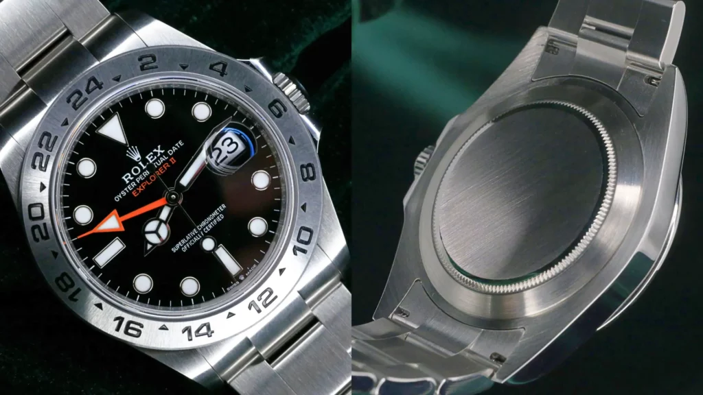 Rolex Explorer II ref. 216570 black and white dial close-ups with caseback views, highlighting the 42mm value reference