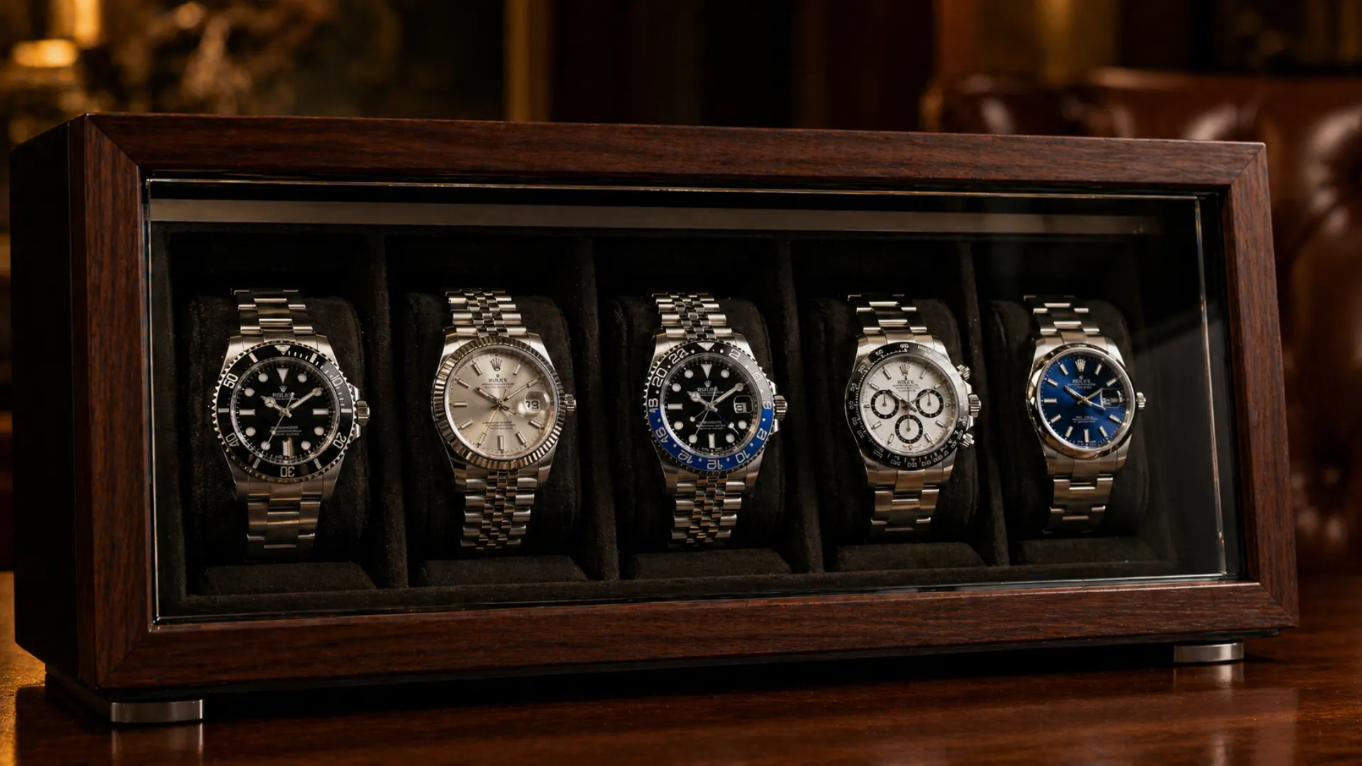 Five-watch Rolex collection in wooden display case: Submariner, Datejust, Batman GMT, Daytona panda, and Oyster Perpetual blue