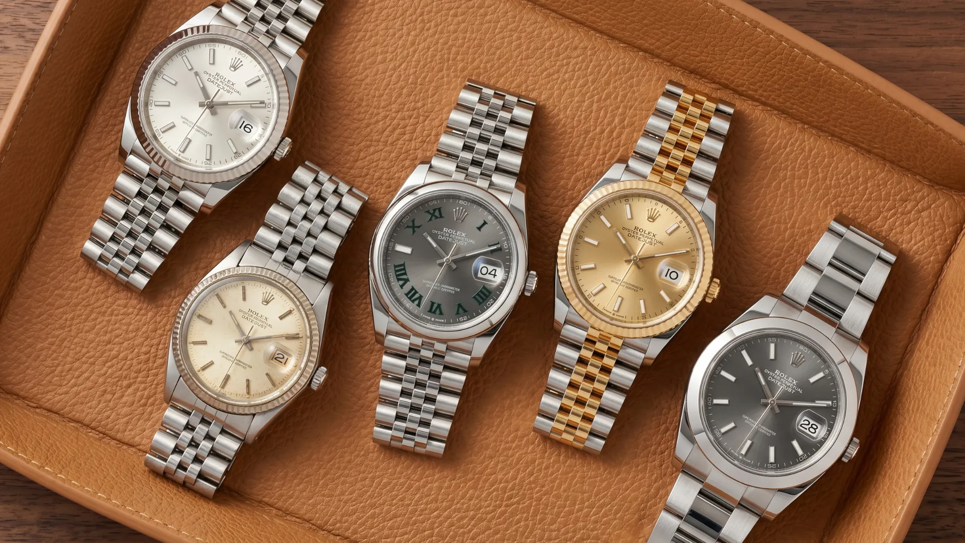 Five Rolex Datejust models in tray showing silver, cream, Wimbledon, champagne two-tone, and rhodium dials