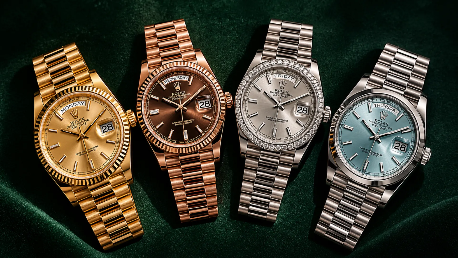 Four Rolex Day-Date watches in yellow gold, Everose gold, white gold, and platinum on green fabric