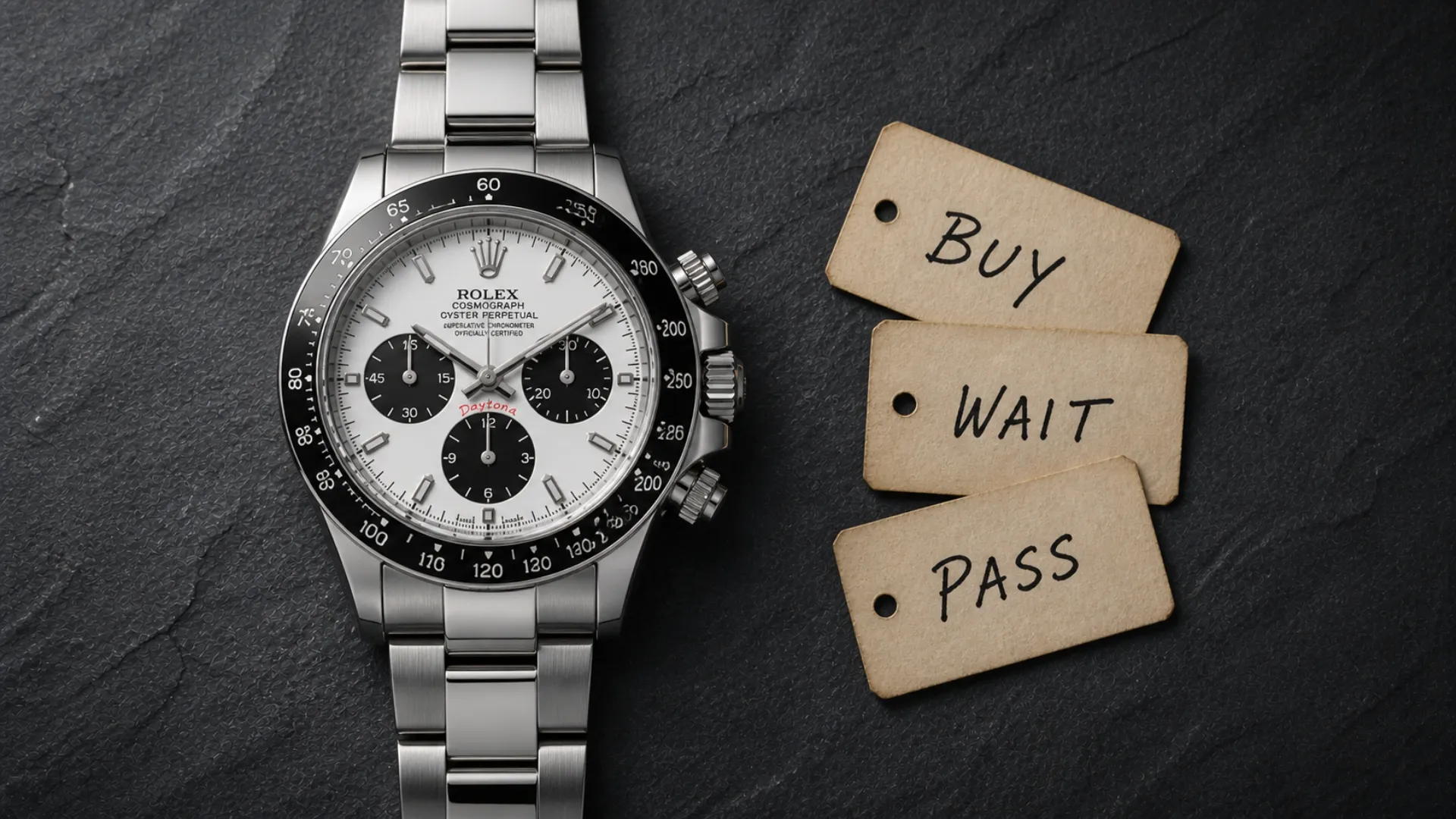 Vintage Rolex Daytona steel chronograph with handwritten Buy Wait Pass tags on slate background