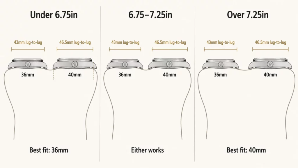 Rolex Explorer 36mm vs 40mm wrist size comparison infographic