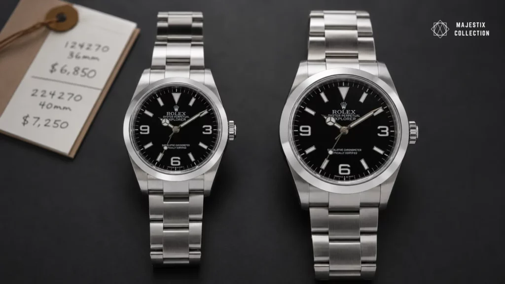 Rolex Explorer price comparison with two black dial models and handwritten price tag