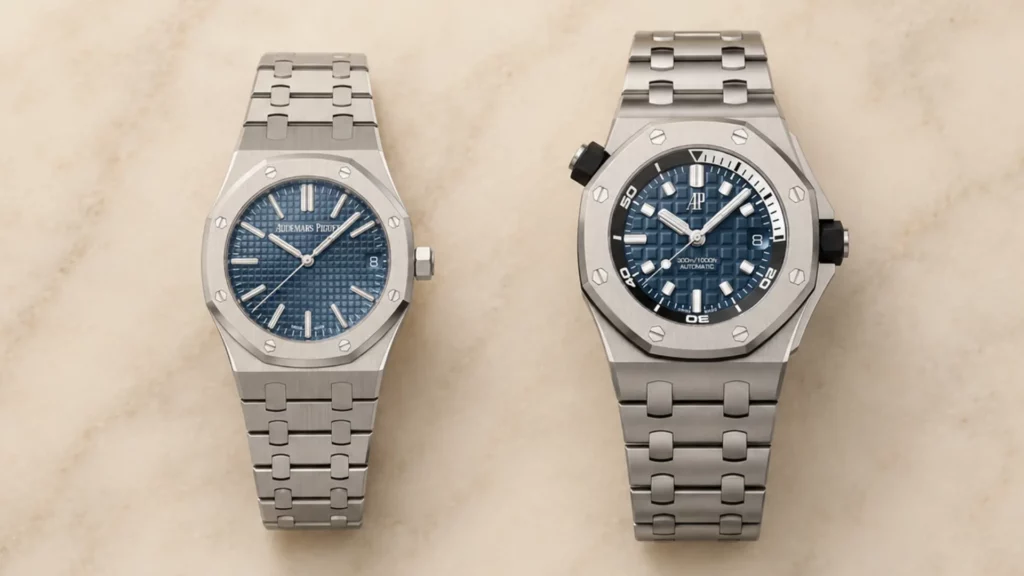 Audemars Piguet Royal Oak and Royal Oak Offshore side-by-side comparison showing dressier versus sportier case design