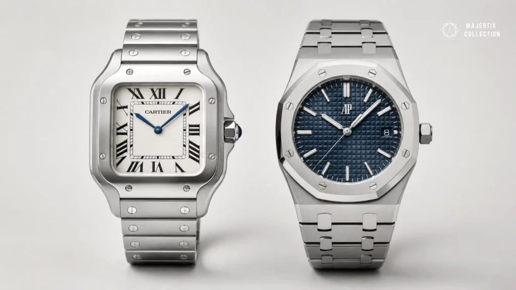 Cartier Santos and Audemars Piguet Royal Oak watches shown side by side on a clean light background.