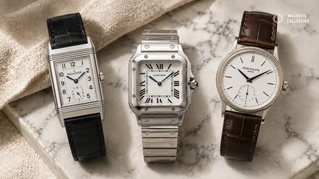 Cartier Santos watch displayed between a Jaeger-LeCoultre Reverso and Patek Philippe dress watch on a marble surface.