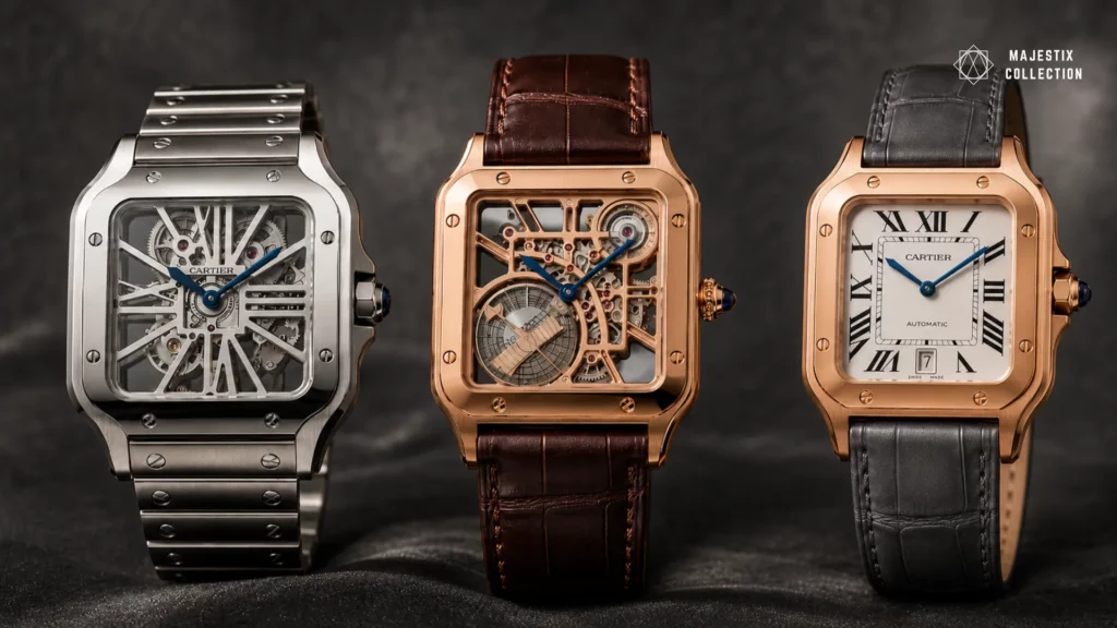 Three Cartier Santos watches in skeleton, rose gold, and classic dial variations displayed against a dark luxury background.
