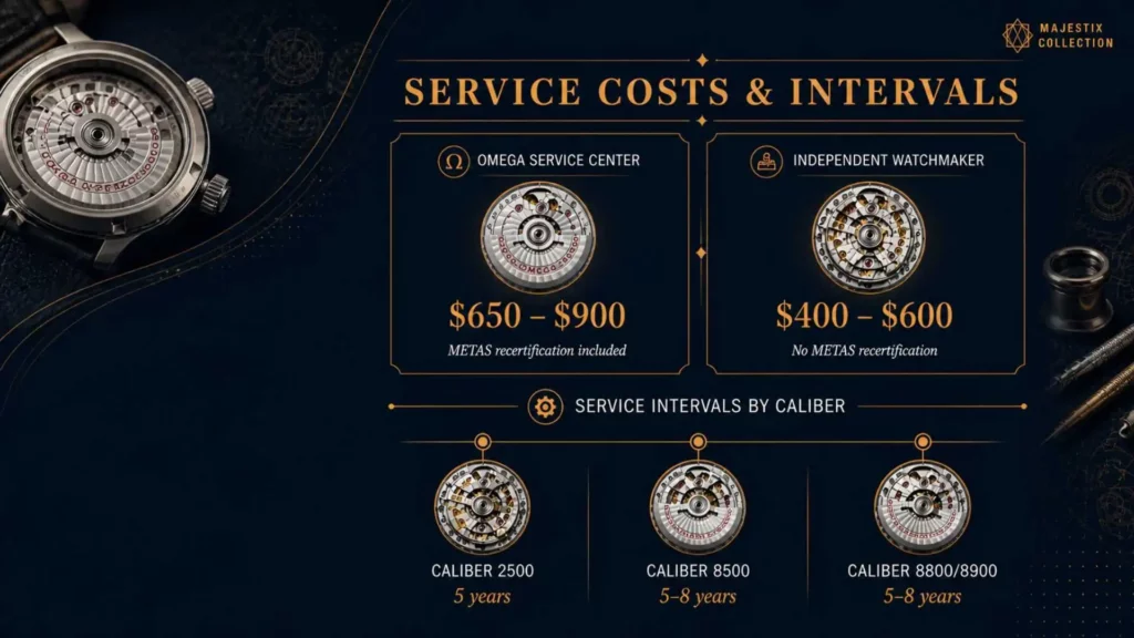 Omega Aqua Terra service cost and interval infographic comparing Omega and independent watchmaker pricing