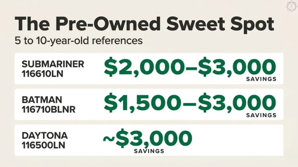 Pre-owned Rolex sweet spot chart showing 5-10 year savings on Submariner, Batman, and Daytona references
