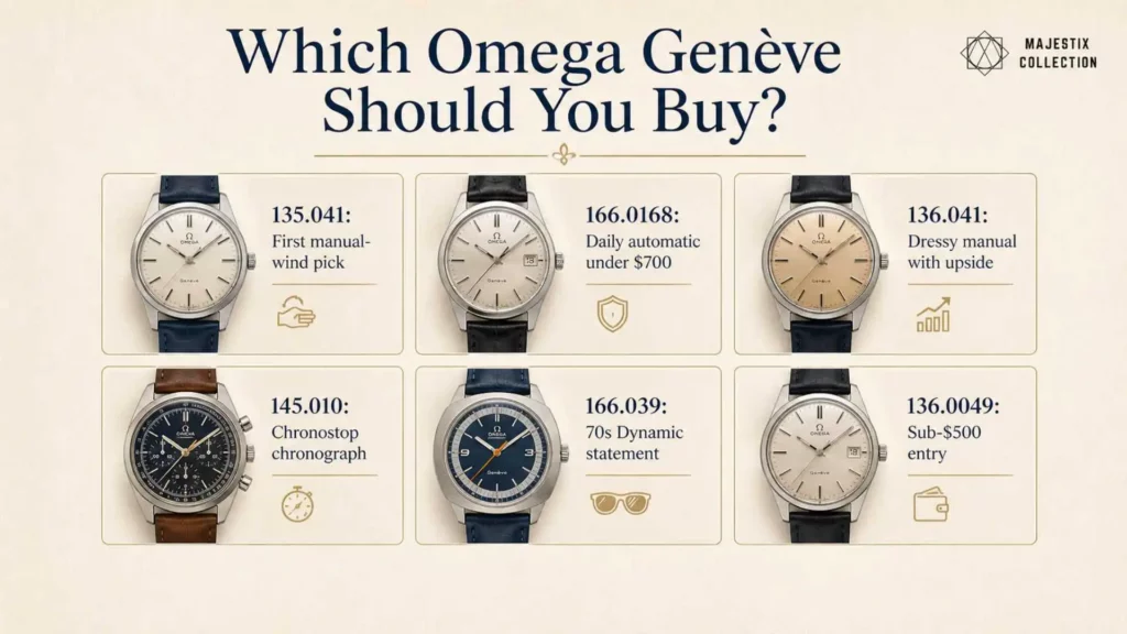 Six Omega Genève references compared by use case and value.